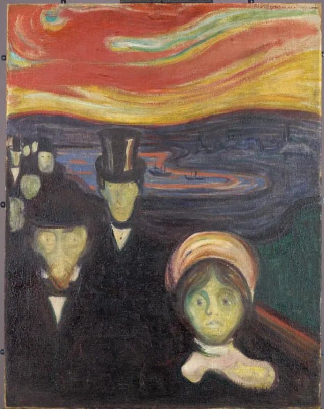 Anxiety by Edvard Munch, 1894: anxious figures on a bridge under a swirling sky